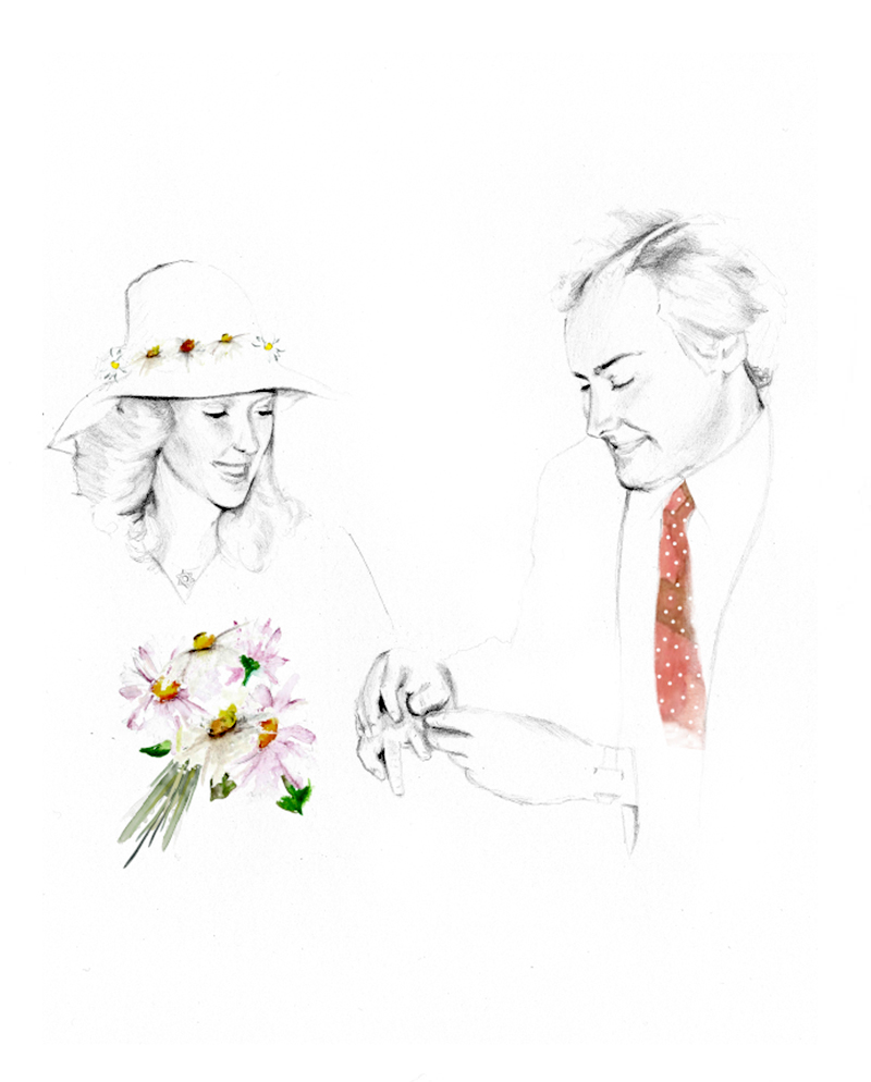 Retrato de pareja a lápiz y acuarela